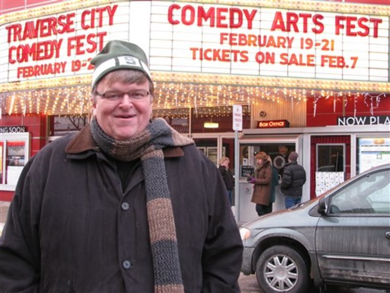 Michael Moore is pictured outside of the State Theater in Traverse City, Mich. The theater will host many of the presentations during the “Traverse City Comedy Arts Festival.”
